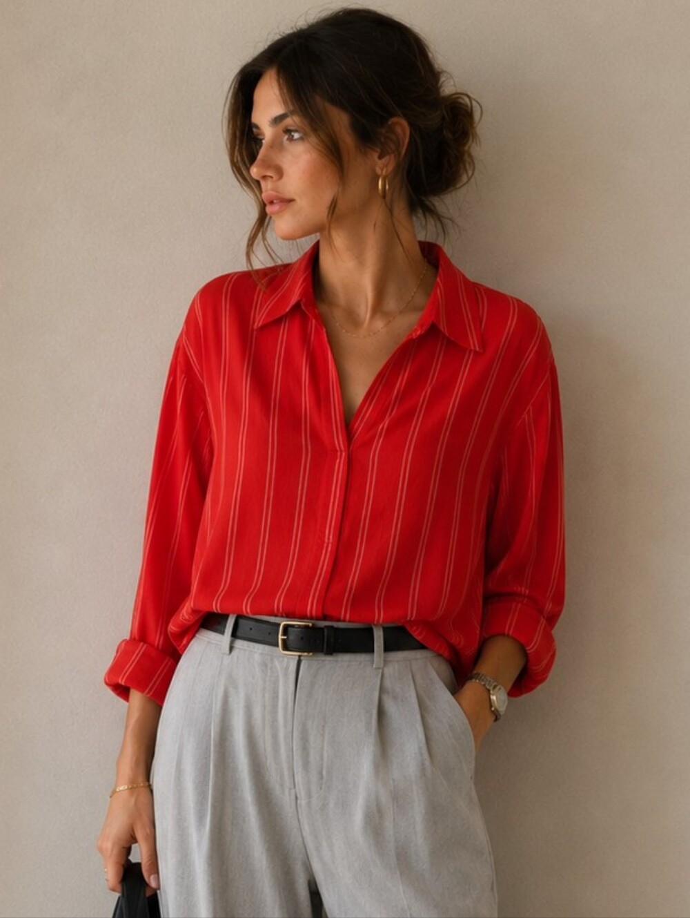 Mango Suit | Red Striped Oversized V-Neck Blouse, Size XS
